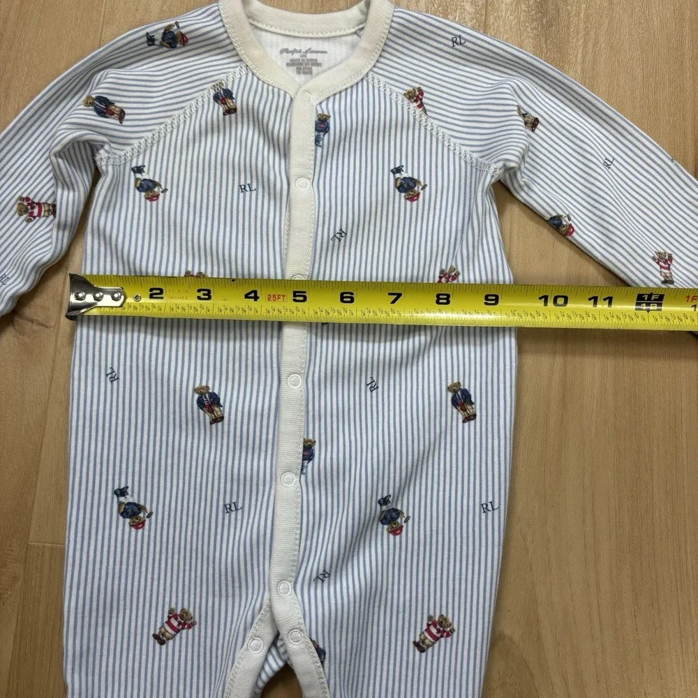 Ralph Lauren Baby Sleeper Blue Stripe Polo Bear Footed Pajamas Cotton 6M